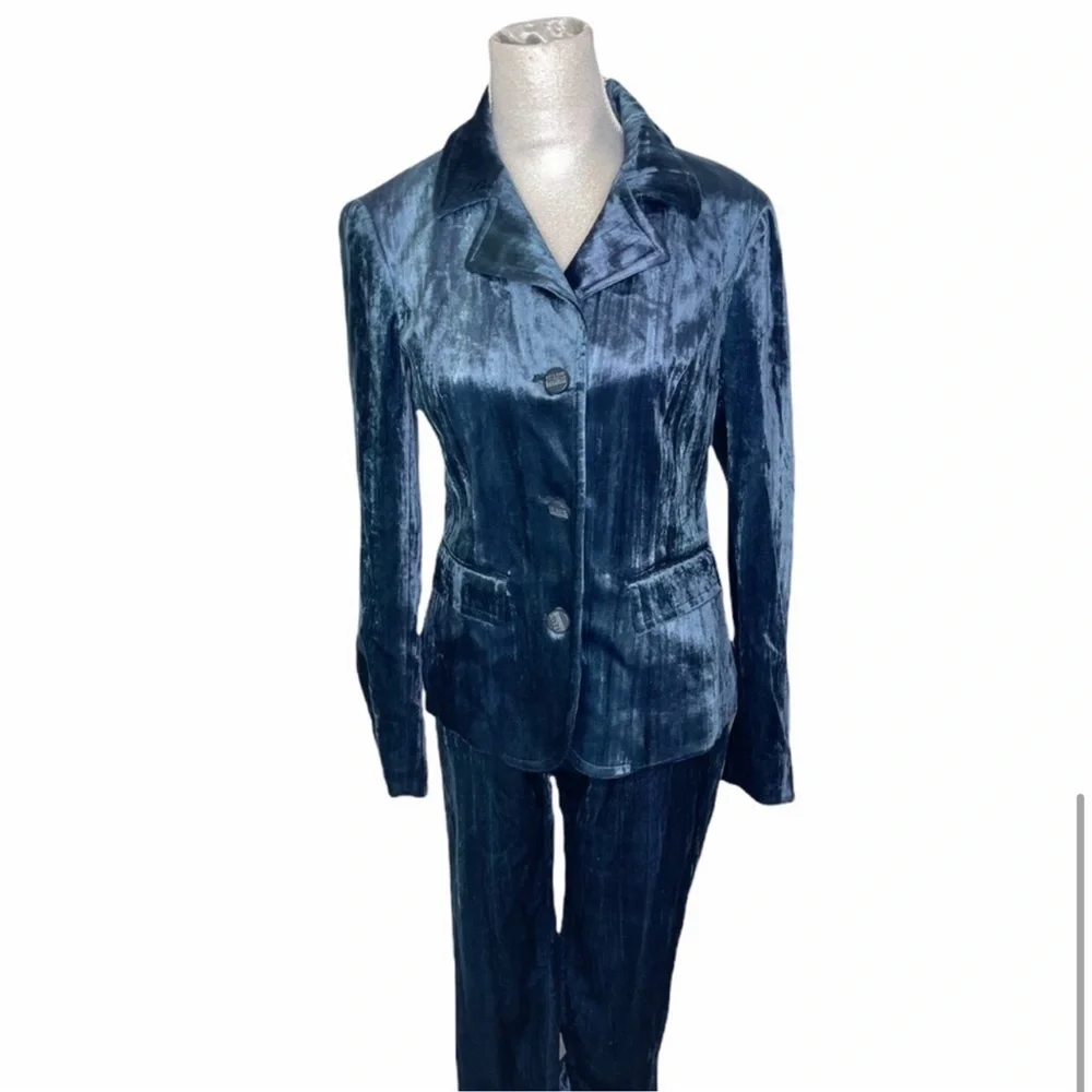 Iceberg Jeans Vintage Y2K Blue Velvet Velour Suit Blazer Pant Set 29 40 Italy - Picture 2 of 16
